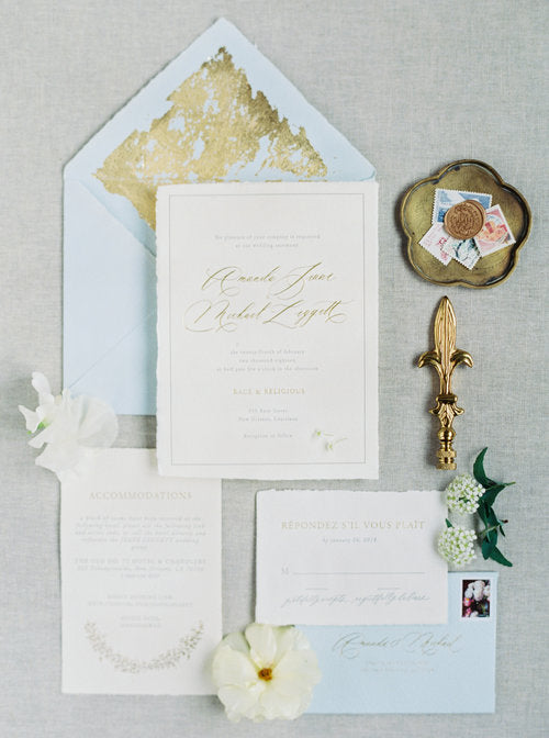 Antique Gold and Blue Wedding Stationery // New Orleans