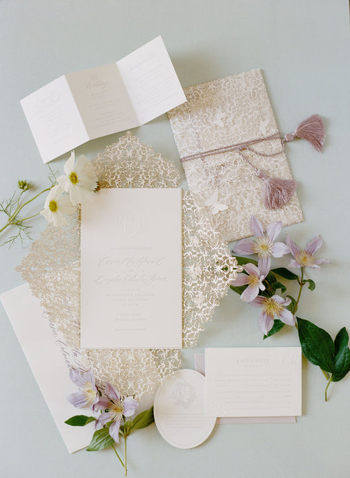 Laser-Cut Butterfly Lace Inspired Lavender Wedding Invitations / Napa Valley