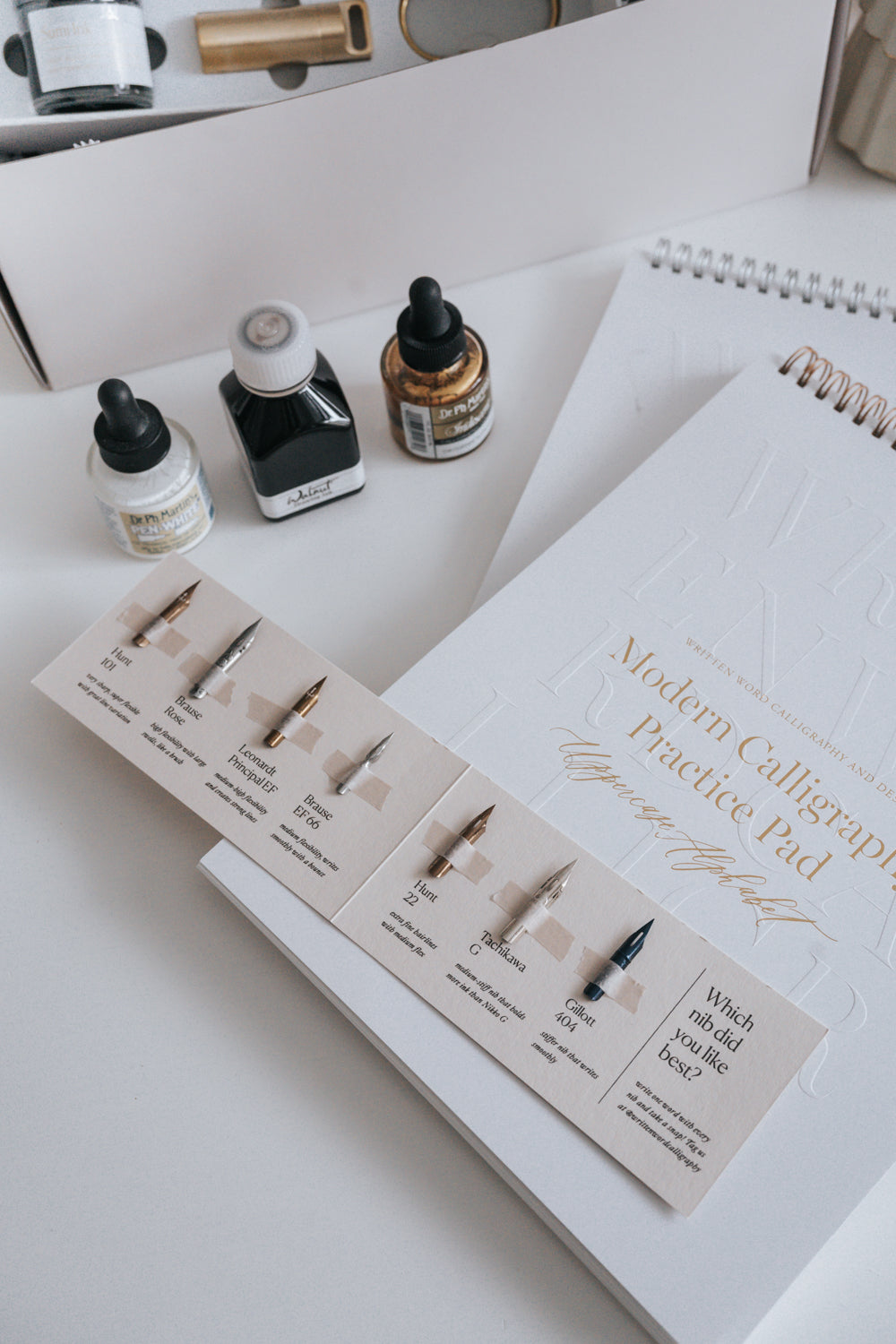 Calligraphy inks, nib sampler, and Modern Calligraphy Practice Pad to start your writing journey