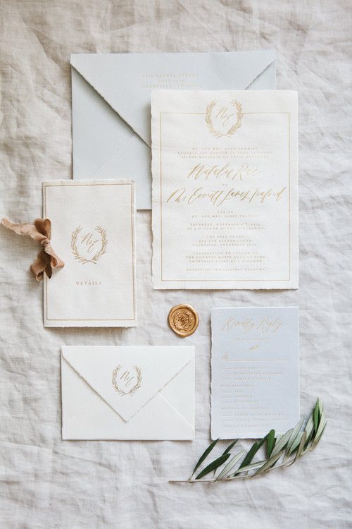 Handmade Paper Gold Foil Invitations // Nashville Wedding