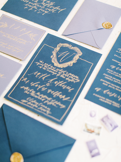 Indigo & Gold Invitations // Chateau Cocomar Wedding