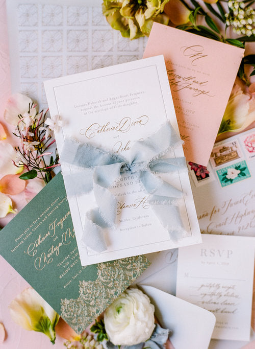 Intricate Grey and Gold Wedding Invites // Malibu California