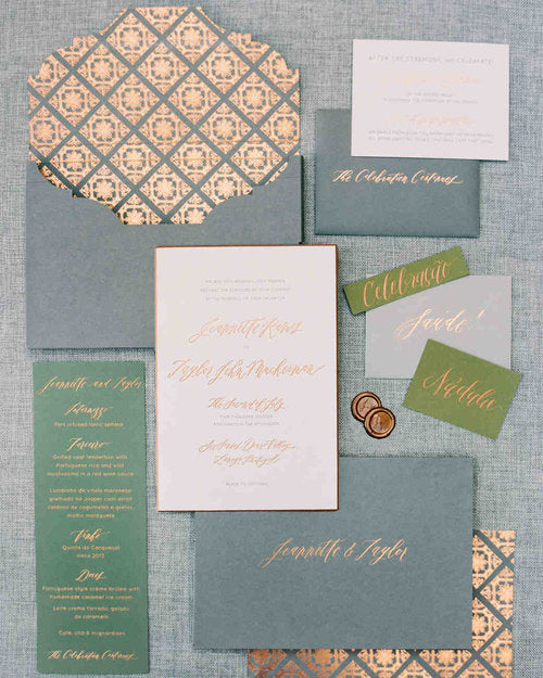 Spot Calligraphy for Copper and Green Wedding Stationery // Portugal