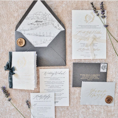 Heirloom Dark Gray and Gold Invitations // Tuscany Destination Wedding