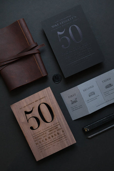 Leather + Wood Birthday Invitations