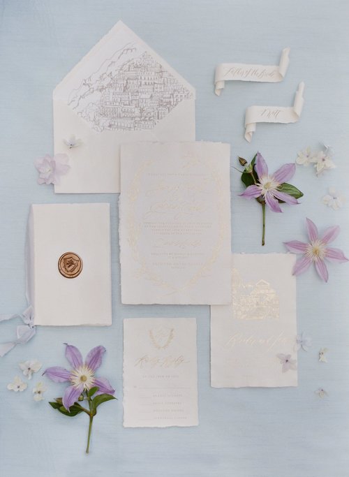 Intricate Gold Foil Invites // Amalfi Coast, Italy