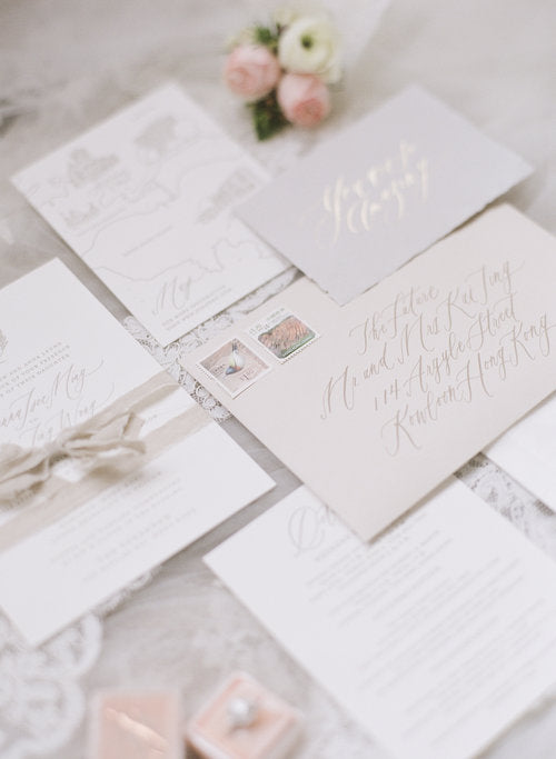 Neutral Vellum Wrapped Wedding Invitations // The Verandah, Hong Kong