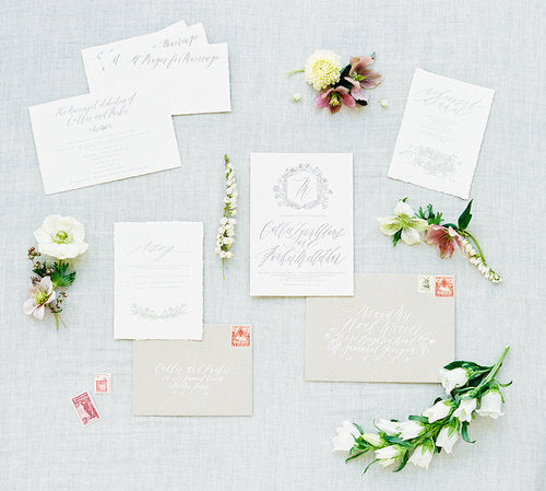 Taupe Letterpress Wedding Invitations / Southern Weddings Magazine Feature