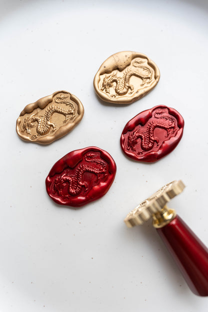 Dragon wax seals in red and gold, Lunar New Year sealing wax for invitations, envelopes and festive stationery