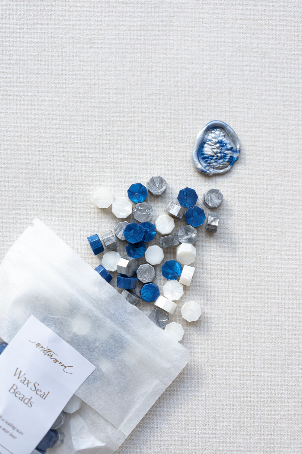 Blue, silver and white wax seal beads with finished seal, starry night color mix for envelopes and stationery