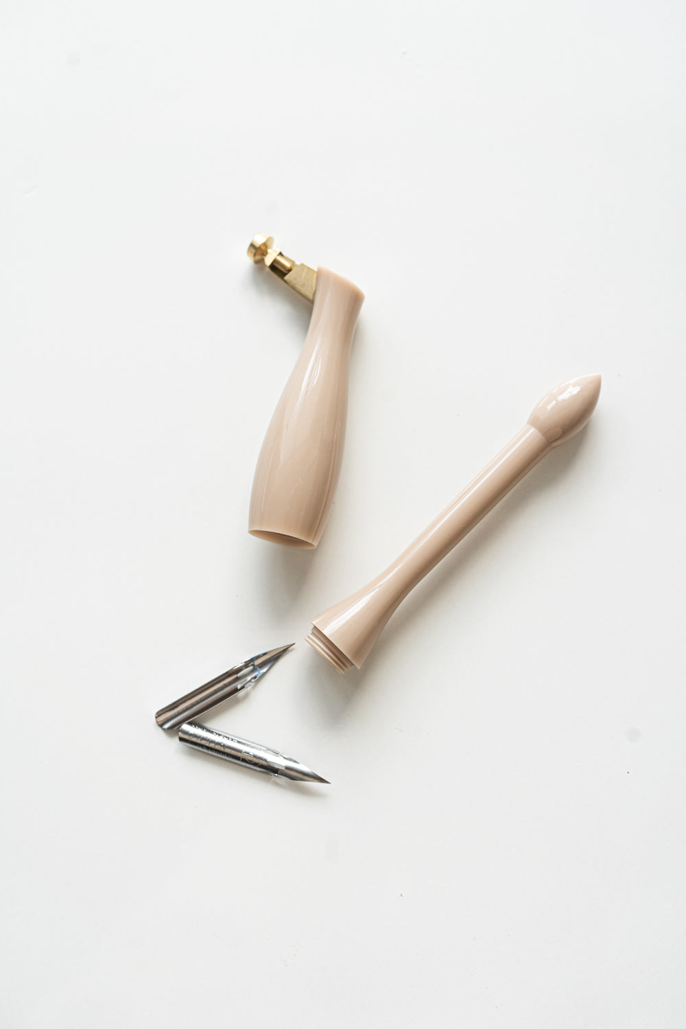 Beige universal calligraphy pen holder with nibs, modern calligraphy supplies flat lay