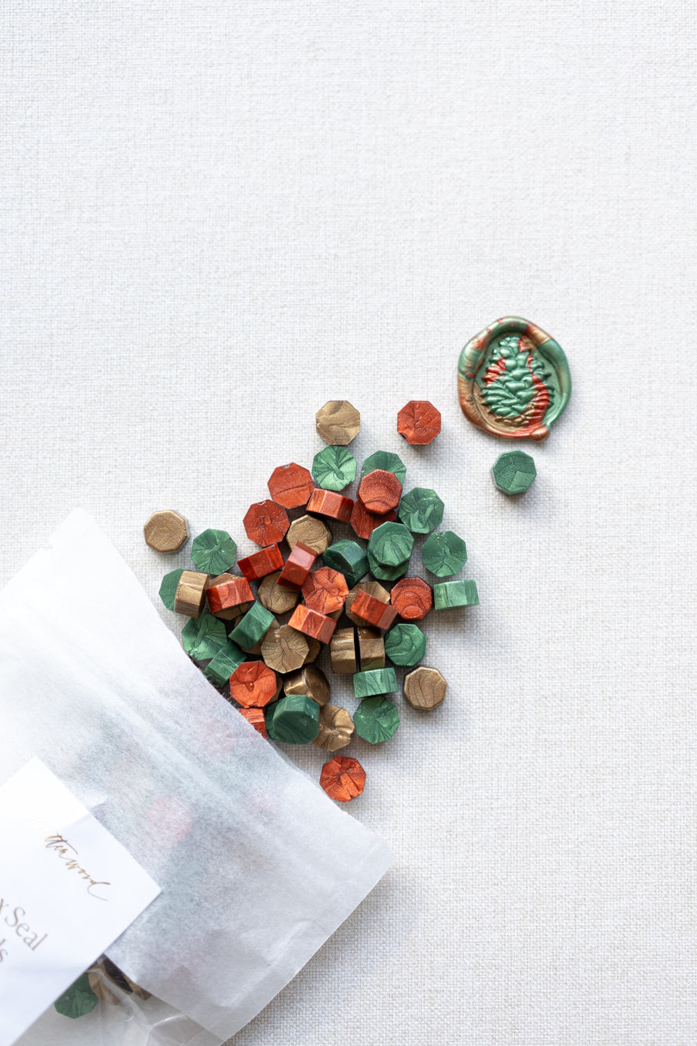 Christmas wax seal beads mix with pine tree wax seal impression, sealing wax for holiday stationery