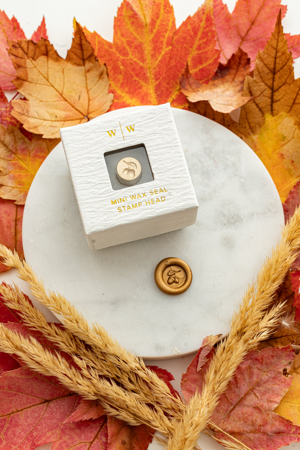 Mini acorn wax seal stamp head in white packaging with gold foil lettering, paired with a gold wax seal impression on a marble surface surrounded by cozy fall leaves and wheat stems.