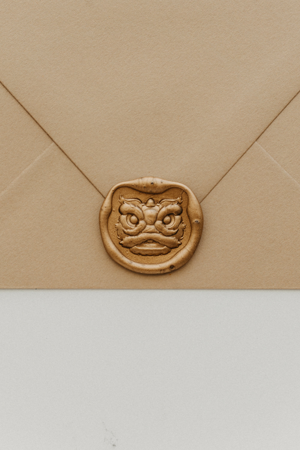 Lion Dance wax seal on beige paper envelope, Mid-Autumn Festival collection