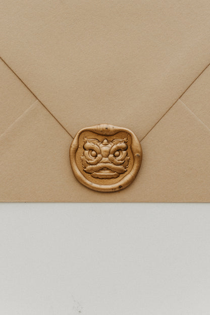 Lion Dance wax seal on beige paper envelope, Mid-Autumn Festival collection