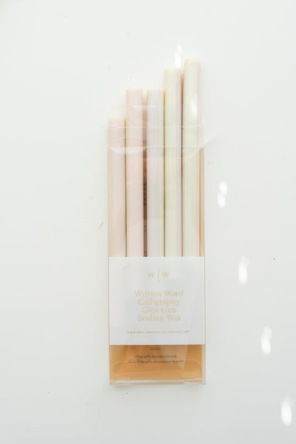 Packaged Mother of Pearl glue gun sealing wax sticks by Written Word Calligraphy on a white background.