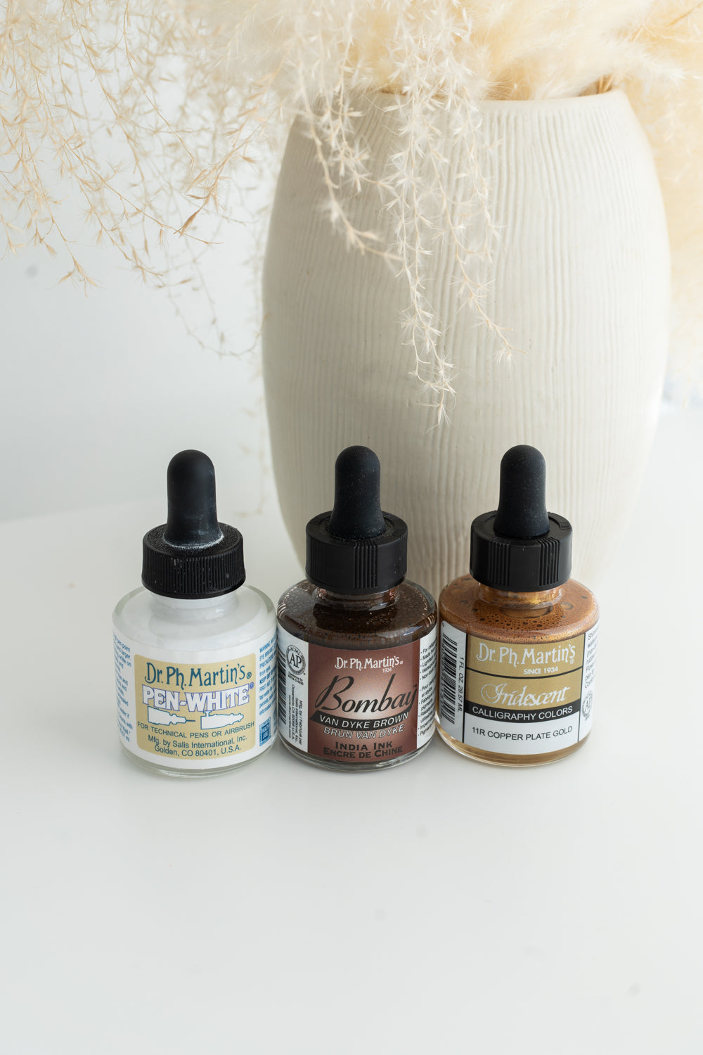 Dr. Ph. Martin’s calligraphy inks in white, brown, and gold for modern calligraphy