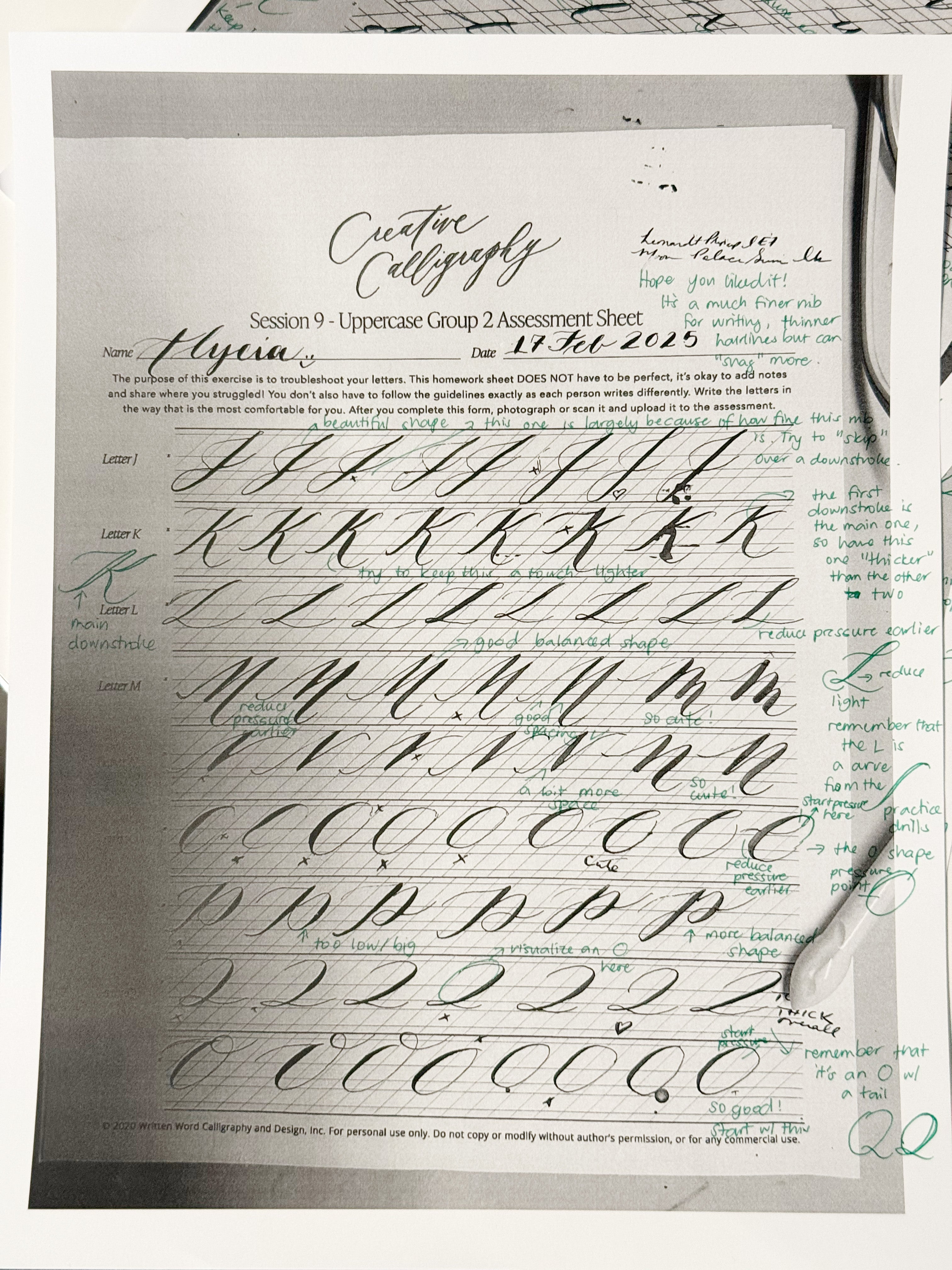 Creative Calligraphy course assessment sheet with personalized instructor feedback, modern calligraphy practice, and student progress review.