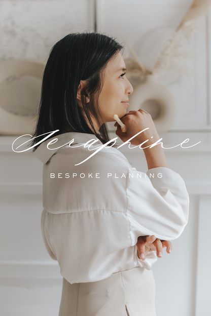 Elegant logo design reading 'Seraphine Bespoke Planning' in Mycella calligraphy font, overlaid on a portrait of a thoughtful woman