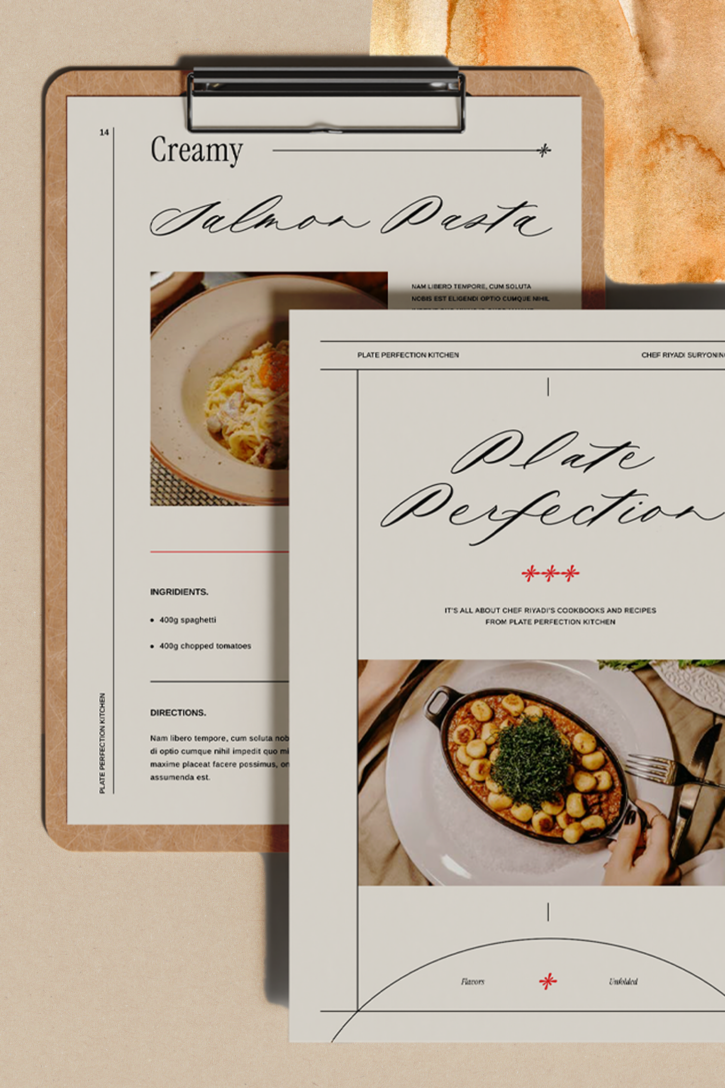 Elegant menu templates featuring a modern calligraphy font, with a 'Creamy Salmon Pasta' recipe and 'Plate Perfection' cookbook design