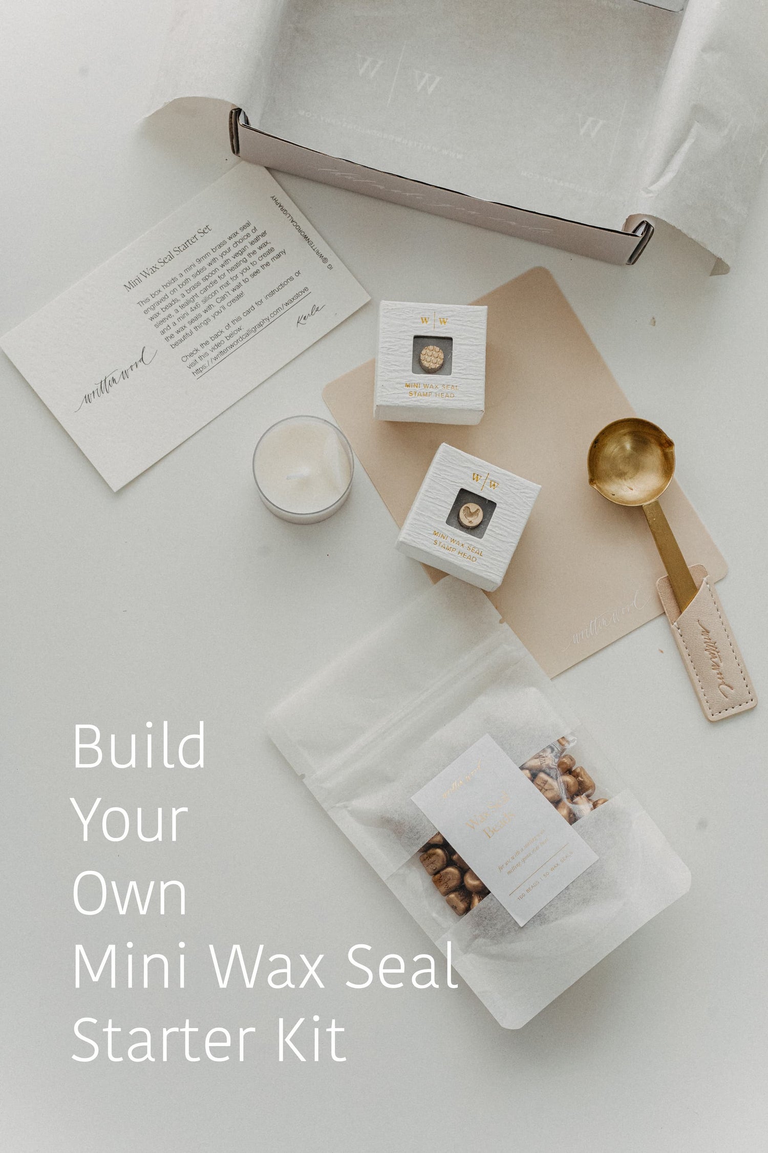 Build your own mini wax seal starter kit with brass stamp heads, sealing wax beads, spoon, and tea light candle.