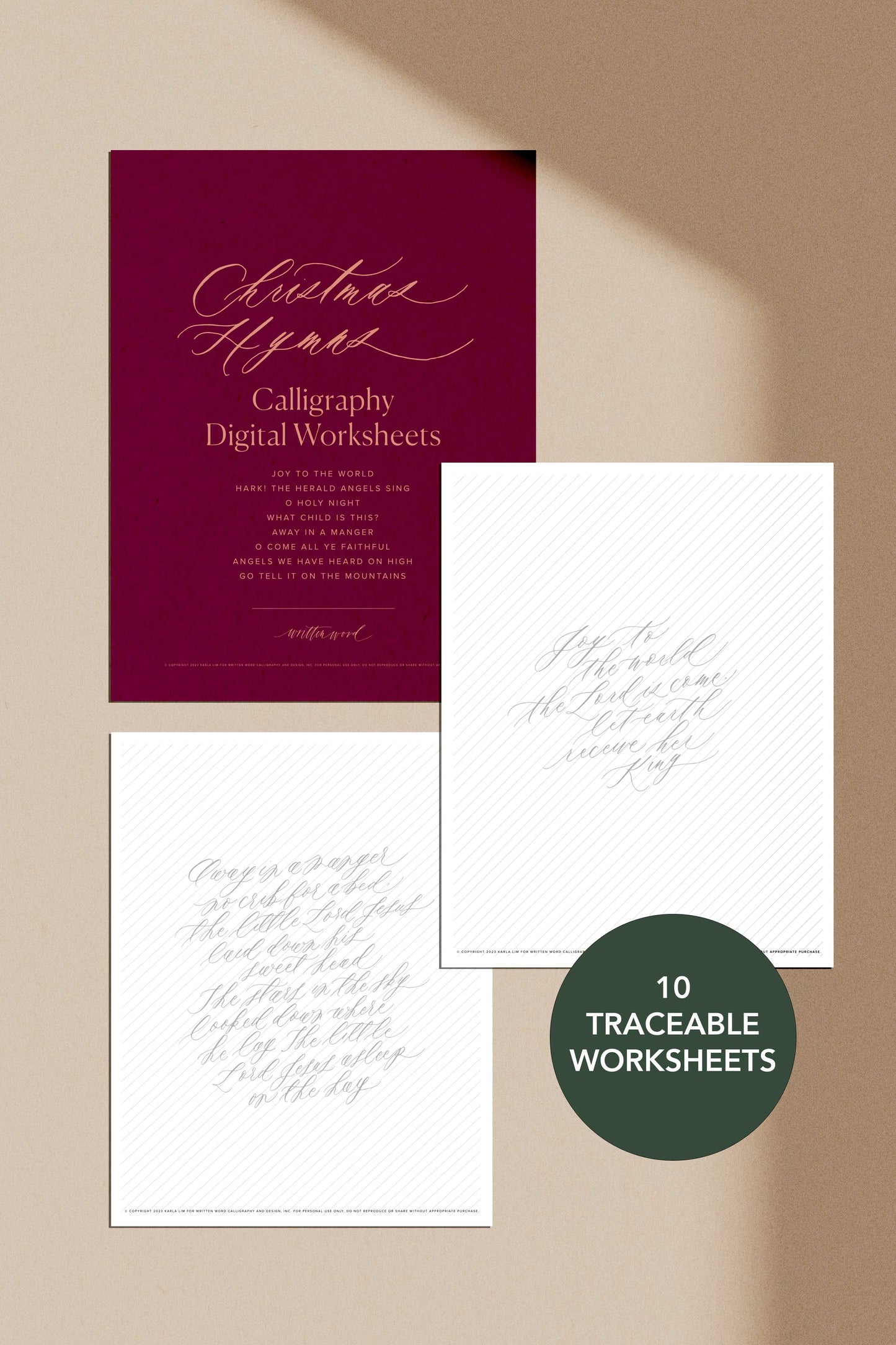 Christmas Hymns calligraphy worksheets set with traceable lettering practice sheets