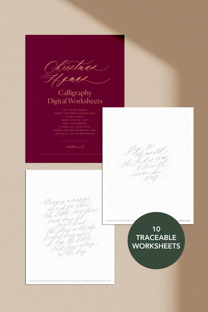 Christmas Hymns calligraphy worksheets set with traceable lettering practice sheets