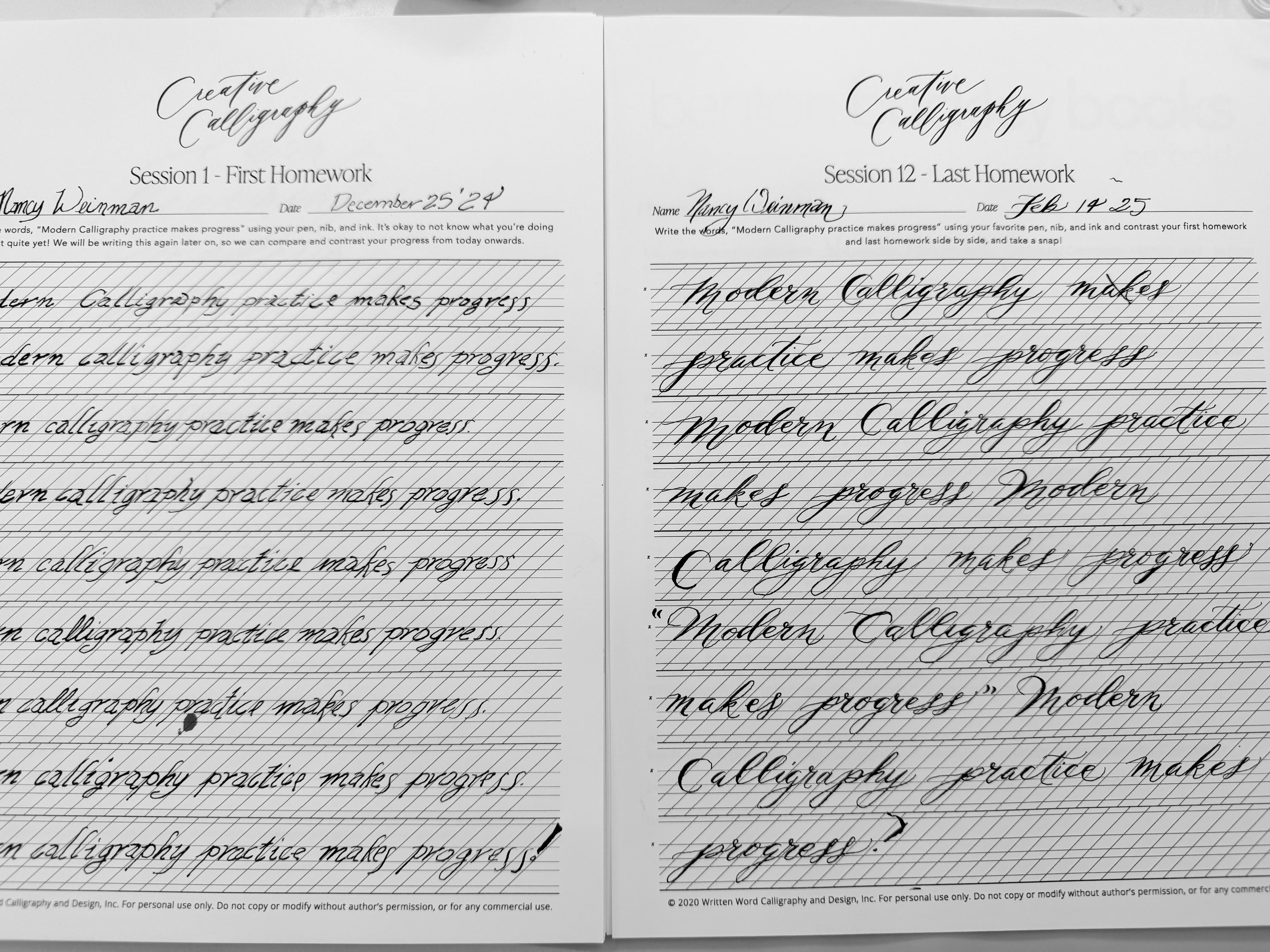 Before and after calligraphy worksheets highlighting student growth in modern calligraphy, hand lettering, and pointed pen skills.