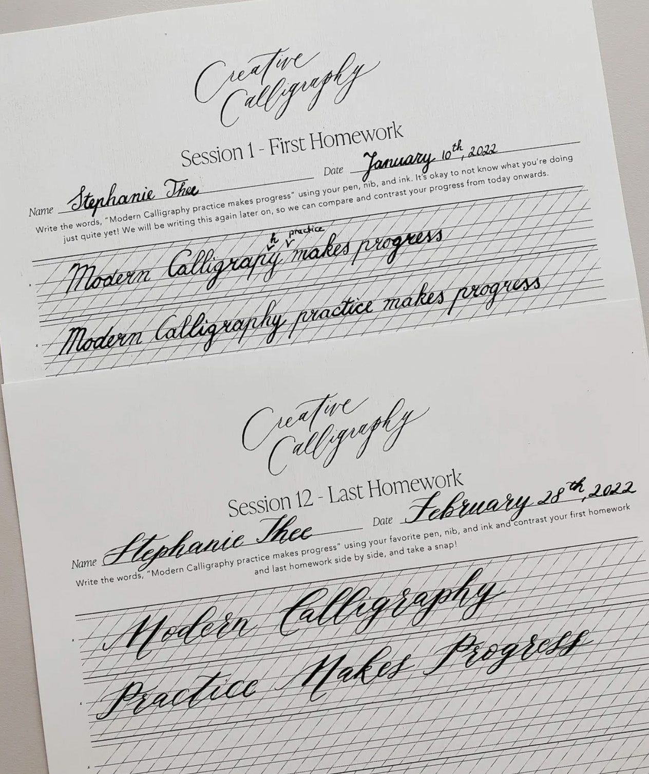 Modern calligraphy student progress from first homework to final lesson, showing improvement in pointed pen lettering skills.