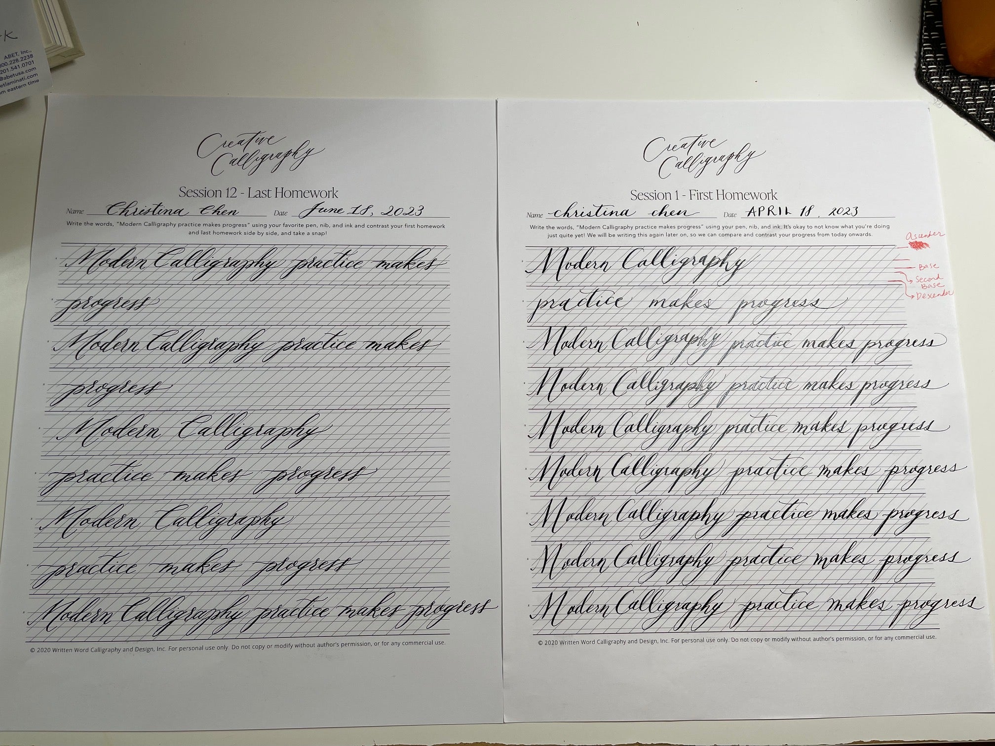 Creative Calligraphy student homework comparison demonstrating improvement in modern calligraphy lettering and penmanship skills.