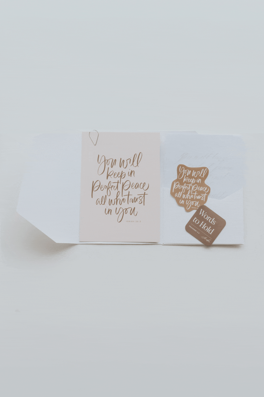 Minimal styled scripture print with matching sticker and card, neutral Christian stationery flat lay