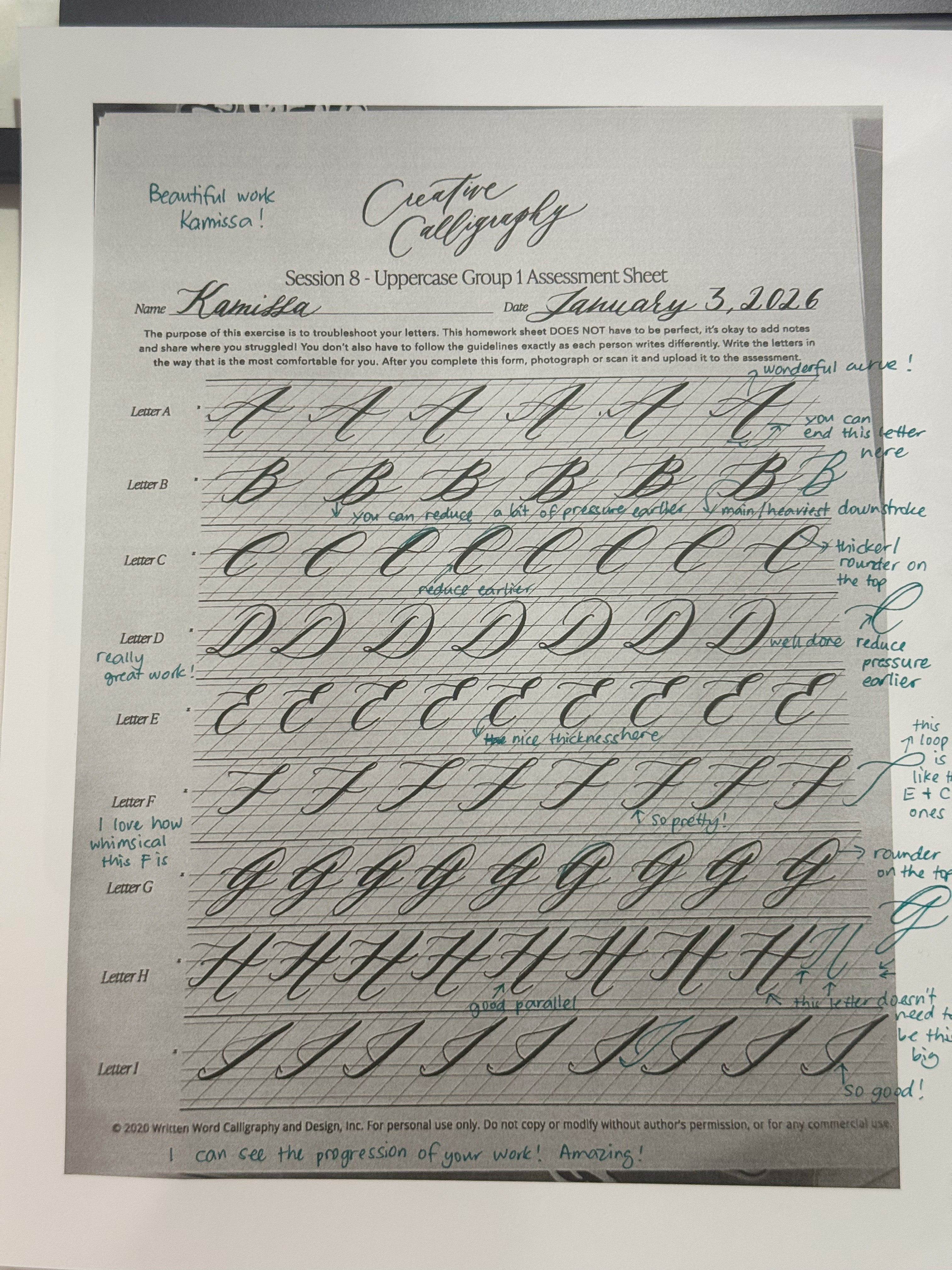 Modern calligraphy uppercase assessment worksheet with instructor feedback, showcasing pointed pen lettering practice and progress.