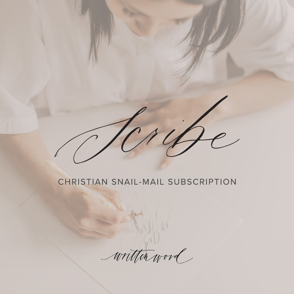 The Scribe Christian snail mail subscription featuring handwritten calligraphy, Scripture-inspired mail, faith-based stationery, and monthly encouragement.