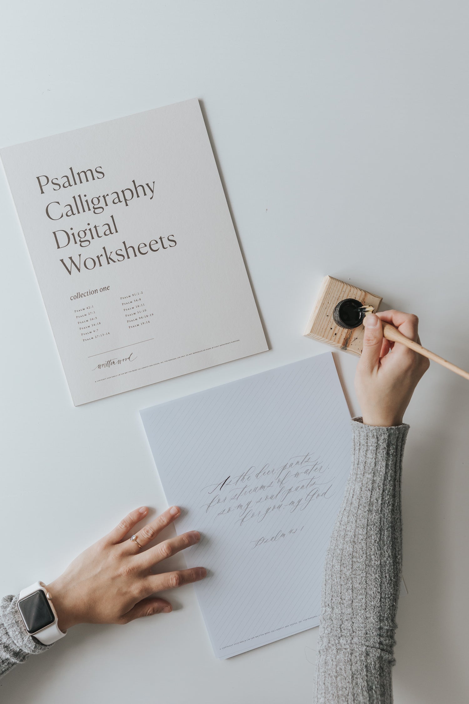 Psalms calligraphy digital worksheets with dip pen, ink and practice sheet for lettering practice