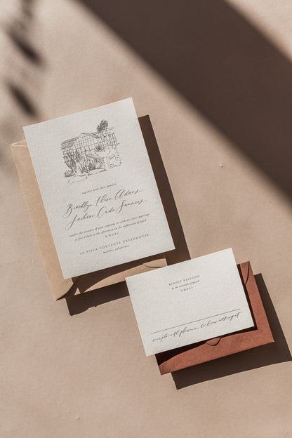 Modern wedding invitation suite with calligraphy and neutral envelopes