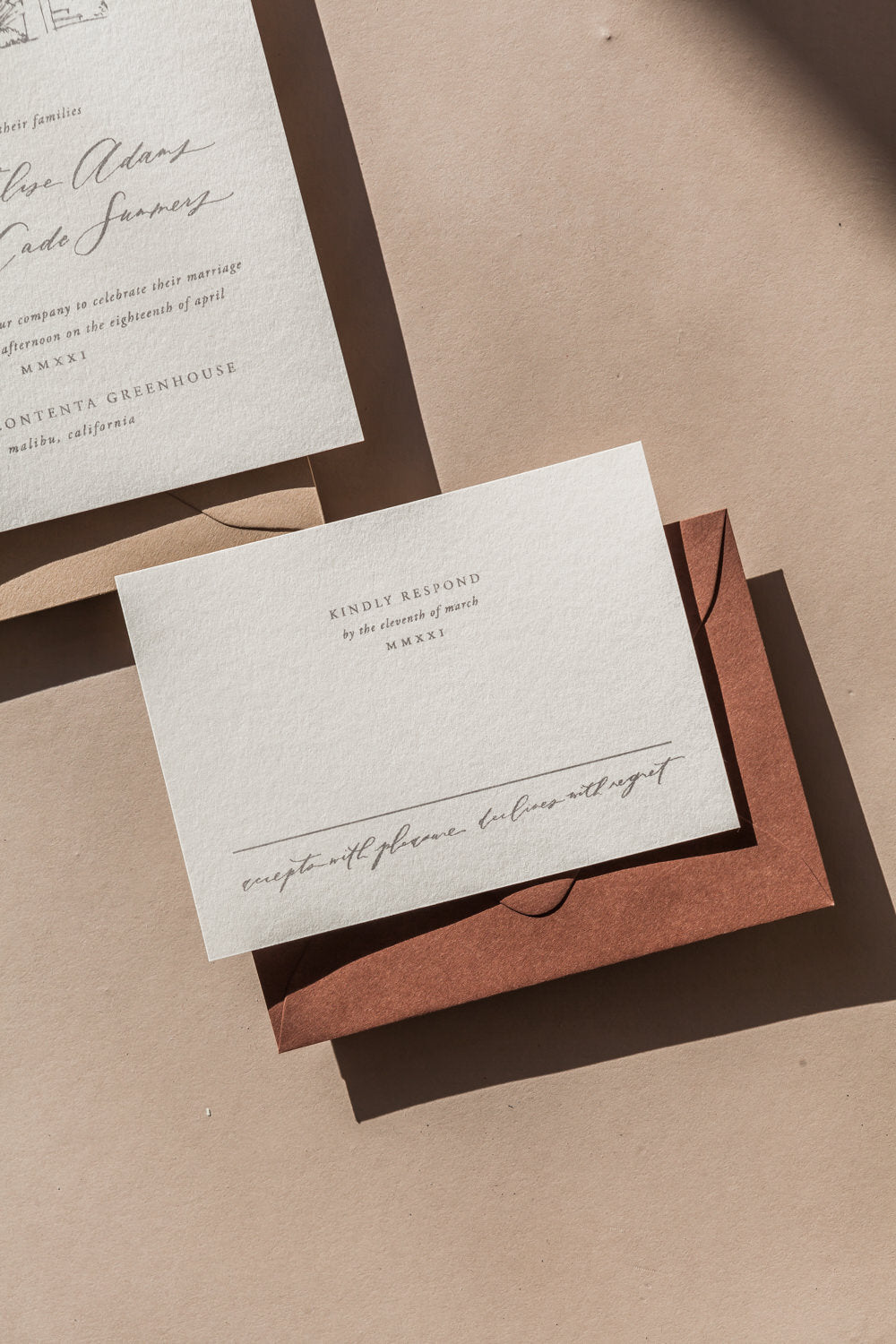 Wedding RSVP card with modern calligraphy on handmade paper