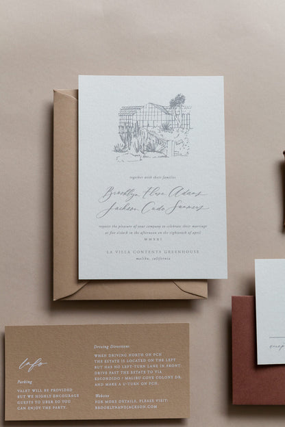 Minimal wedding invitation suite with venue illustration and calligraphy lettering
