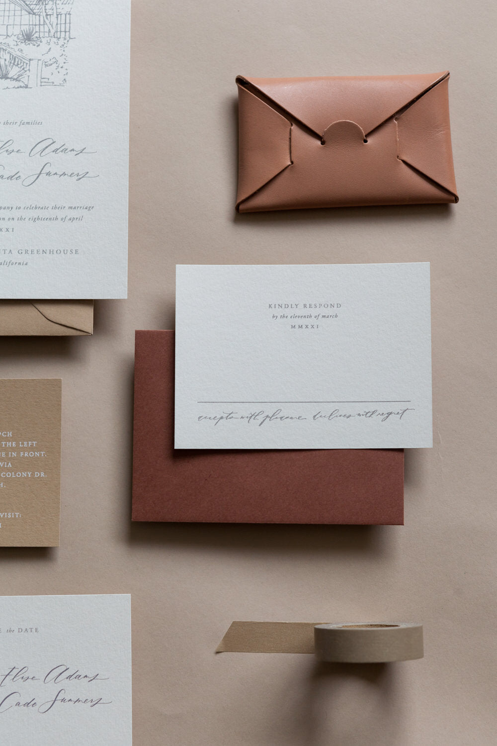 Wedding RSVP card with calligraphy and envelope in minimal neutral wedding suite