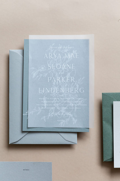 Blue wedding invitation with vellum overlay, minimalist floral design and modern calligraphy stationery suite