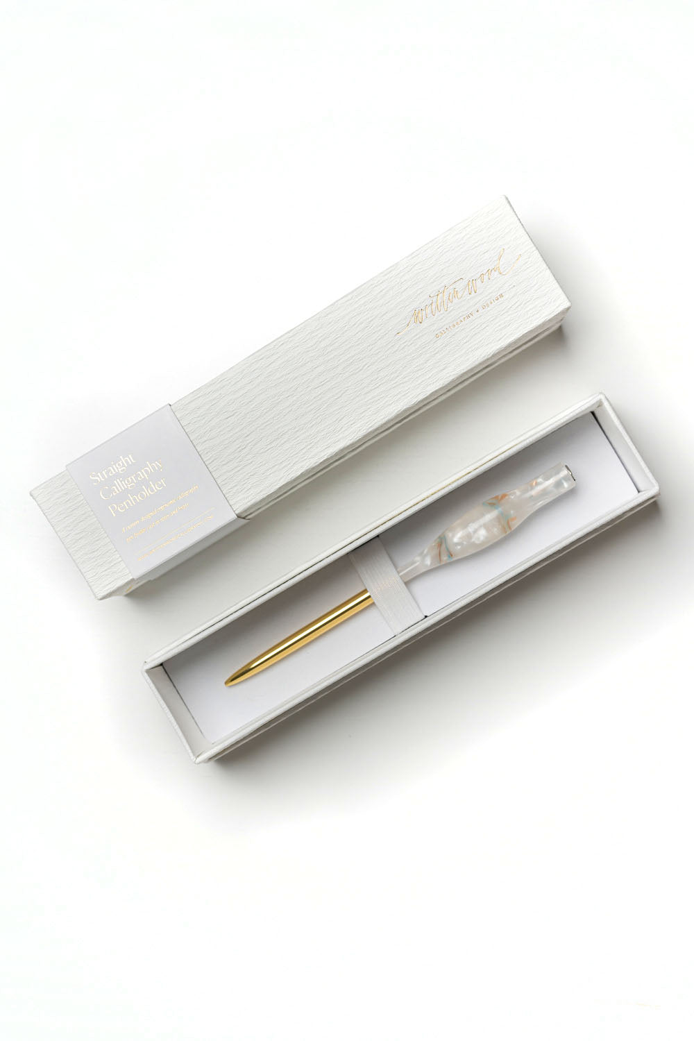 Handmade straight calligraphy pen with gold tail in a white gift box, suitable for beginners and advanced calligraphers