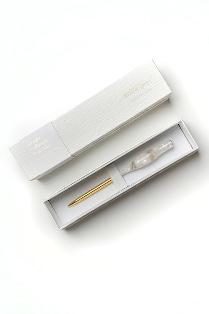 Handmade straight calligraphy pen with gold tail in a white gift box, suitable for beginners and advanced calligraphers