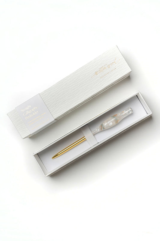 Handmade straight calligraphy pen with gold tail in a white gift box, suitable for beginners and advanced calligraphers