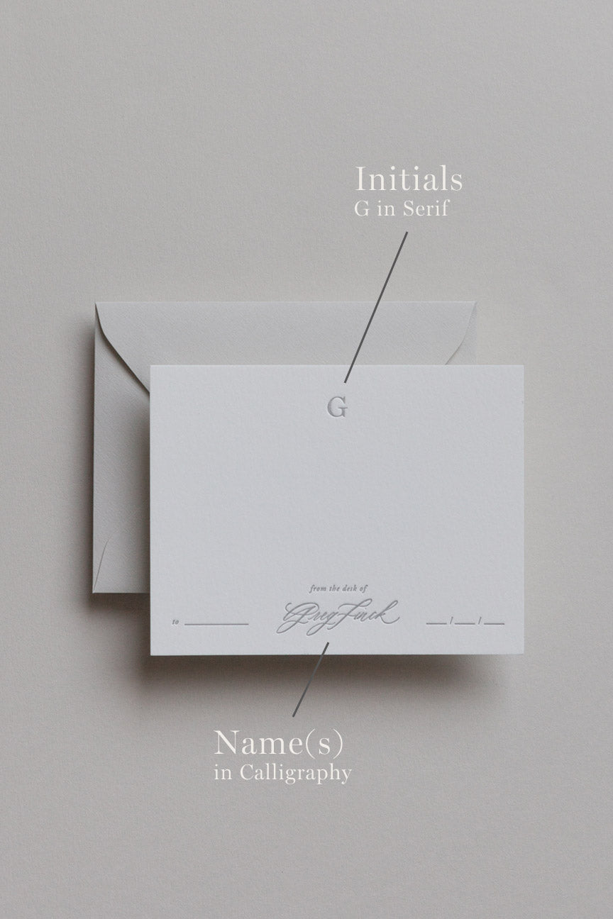 Personalized stationery showing embossed initial and calligraphy name details on custom card