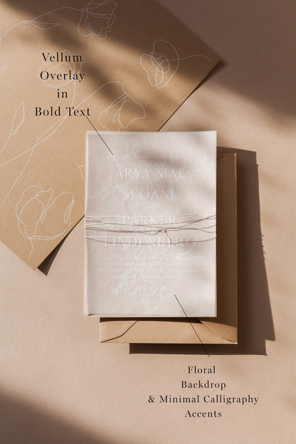 Vellum overlay wedding invitation with minimalist calligraphy, floral backdrop and neutral modern stationery suite