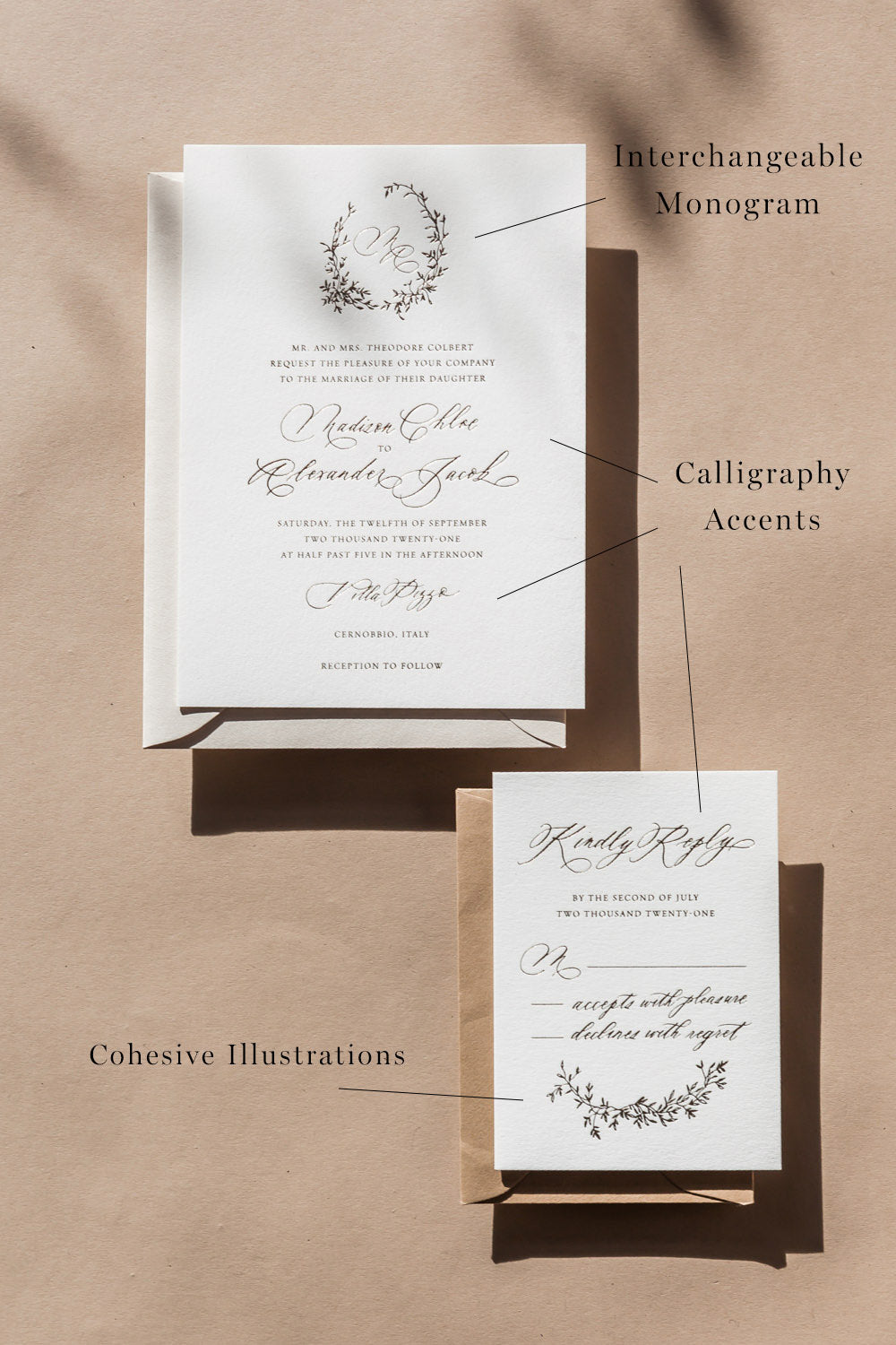 Wedding invitation details highlighting interchangeable monogram, calligraphy accents and cohesive illustrations