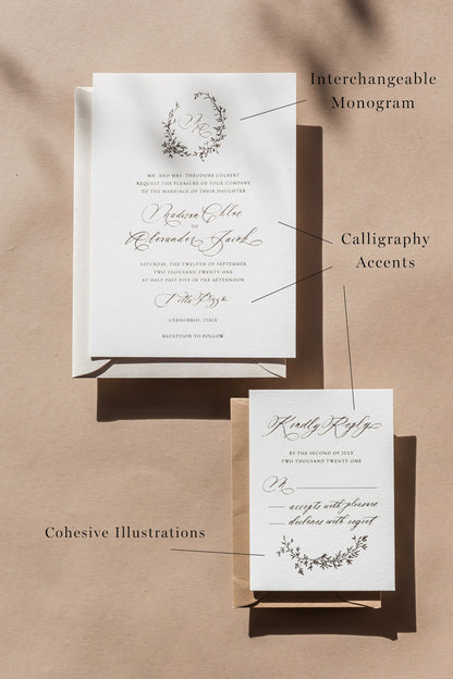 Wedding invitation details highlighting interchangeable monogram, calligraphy accents and cohesive illustrations