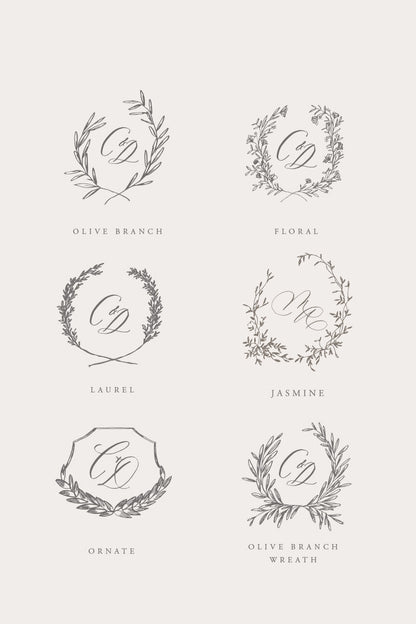 Heirloom wedding monogram options with floral, laurel and olive branch wreath designs for custom invitations
