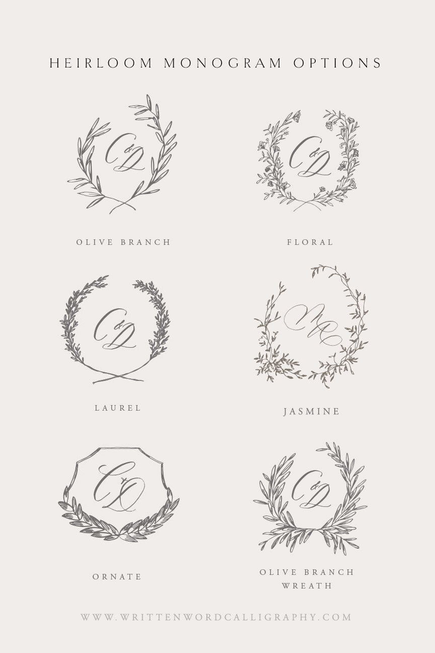 Heirloom wedding monogram options with floral, laurel and olive branch wreath designs for custom invitations