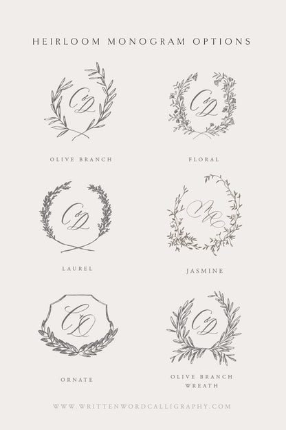 Heirloom wedding monogram options with floral, laurel and olive branch wreath designs for custom invitations