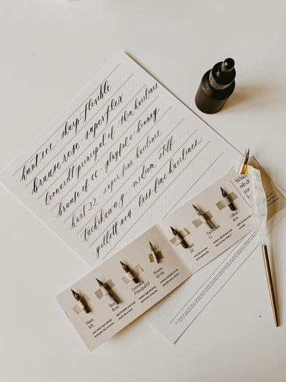 A calligraphy practice sheet, 7 nib sampler set, ink bottle, and oblique pen